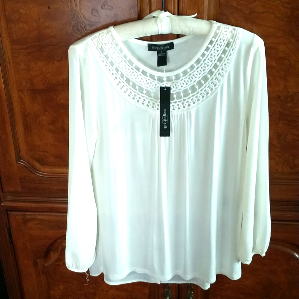 White cream blouse August Silk size M crochet front neck